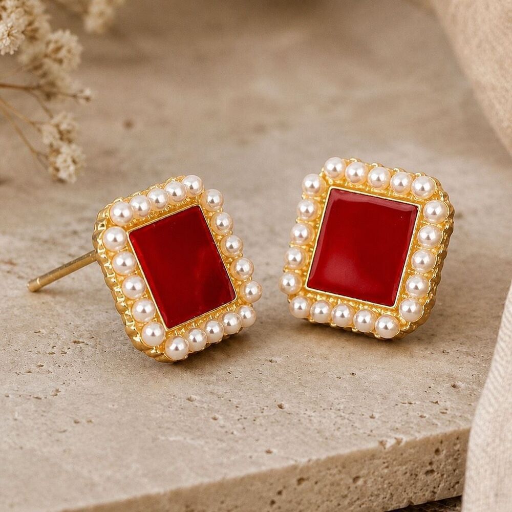 Ruby Red Square Stud Earrings Faux Pearl Border Gold Tone
